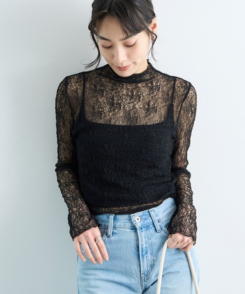 Futier land(フューティアランド)の「透かし編みストレッチレースシアートップス(Tシャツ/カットソー・レディース・ホワイト/ブラック・FREE)」の12枚目の写真