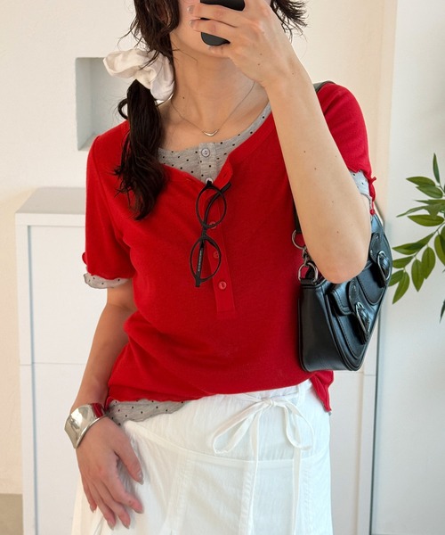 MUHET(ミュエータ)の「henry neck layered tee set / レイヤードヘンリーTシャツセット(Tシャツ/カットソー・レディース・ネイビー/ブラウン/レッド/ピンク・FREE)」の4枚目の写真
