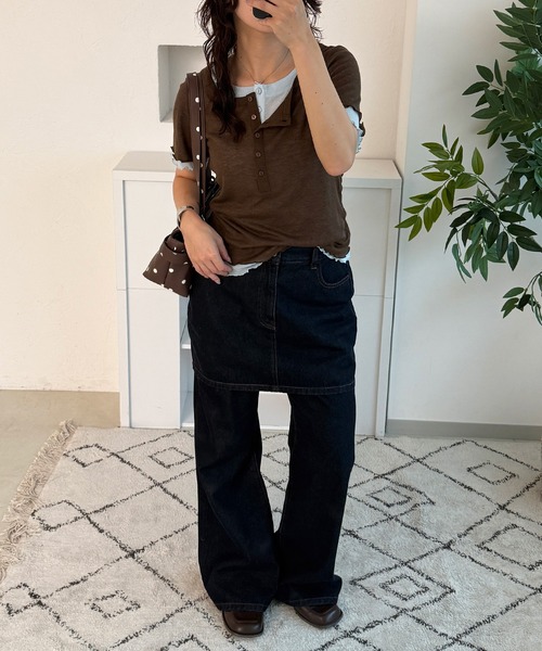 MUHET(ミュエータ)の「henry neck layered tee set / レイヤードヘンリーTシャツセット(Tシャツ/カットソー・レディース・ネイビー/ブラウン/レッド/ピンク・FREE)」の7枚目の写真
