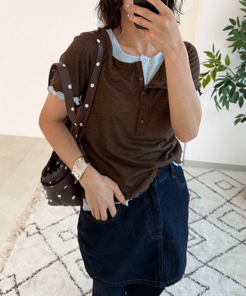 MUHET(ミュエータ)の「henry neck layered tee set / レイヤードヘンリーTシャツセット(Tシャツ/カットソー・レディース・ネイビー/ブラウン/レッド/ピンク・FREE)」の6枚目の写真