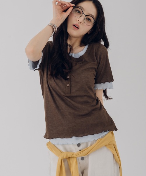 MUHET(ミュエータ)の「henry neck layered tee set / レイヤードヘンリーTシャツセット(Tシャツ/カットソー・レディース・ネイビー/ブラウン/レッド/ピンク・FREE)」の9枚目の写真