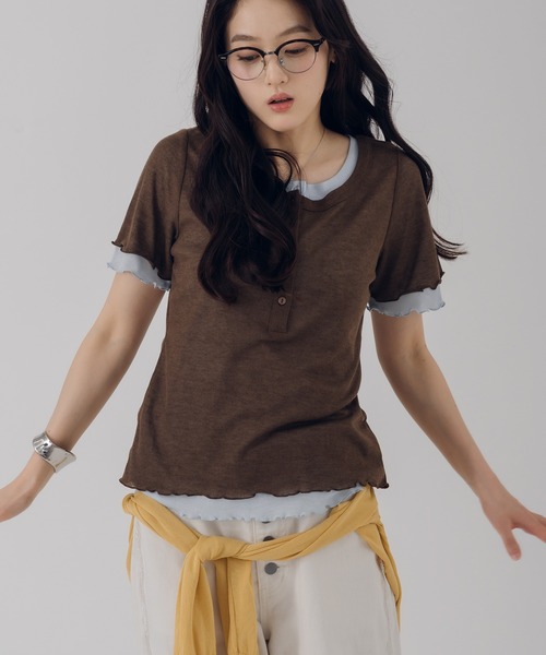 MUHET(ミュエータ)の「henry neck layered tee set / レイヤードヘンリーTシャツセット(Tシャツ/カットソー・レディース・ネイビー/ブラウン/レッド/ピンク・FREE)」の8枚目の写真