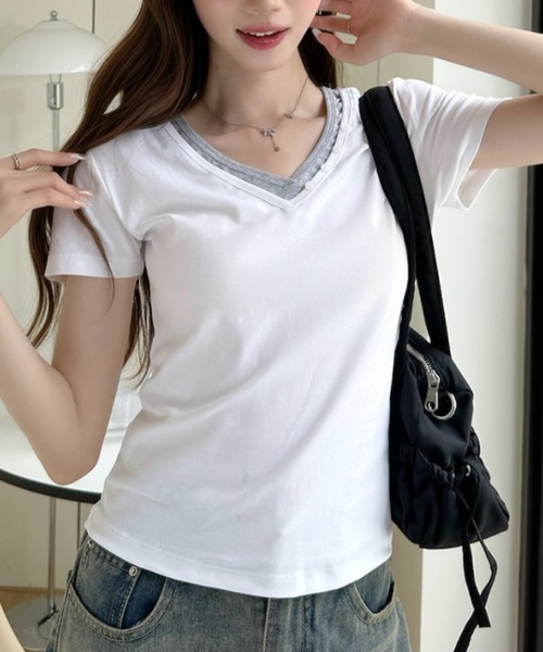 Ada.(エイダ)の「ボタンデザイン バイカラー レイヤード 半袖 カットソー(Tシャツ/カットソー・レディース・ホワイト/ネイビー/イエロー/グレー・FREE)」の1枚目の写真