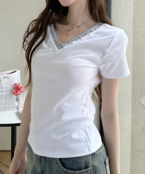 Ada.(エイダ)の「ボタンデザイン バイカラー レイヤード 半袖 カットソー(Tシャツ/カットソー・レディース・ホワイト/ネイビー/イエロー/グレー・FREE)」の5枚目の写真