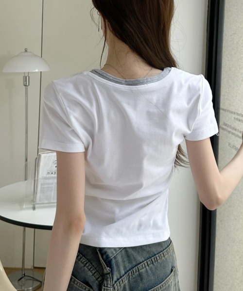 Ada.(エイダ)の「ボタンデザイン バイカラー レイヤード 半袖 カットソー(Tシャツ/カットソー・レディース・ホワイト/ネイビー/イエロー/グレー・FREE)」の7枚目の写真