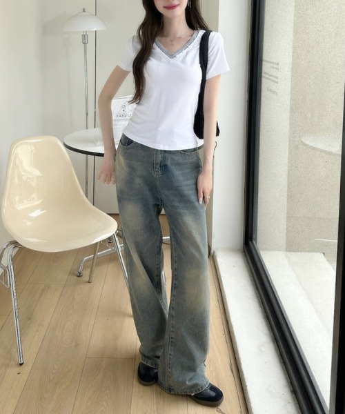 Ada.(エイダ)の「ボタンデザイン バイカラー レイヤード 半袖 カットソー(Tシャツ/カットソー・レディース・ホワイト/ネイビー/イエロー/グレー・FREE)」の6枚目の写真