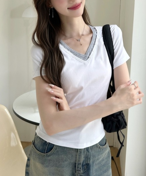 Ada.(エイダ)の「ボタンデザイン バイカラー レイヤード 半袖 カットソー(Tシャツ/カットソー・レディース・ホワイト/ネイビー/イエロー/グレー・FREE)」の9枚目の写真