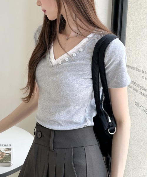 Ada.(エイダ)の「ボタンデザイン バイカラー レイヤード 半袖 カットソー(Tシャツ/カットソー・レディース・ホワイト/ネイビー/イエロー/グレー・FREE)」の11枚目の写真