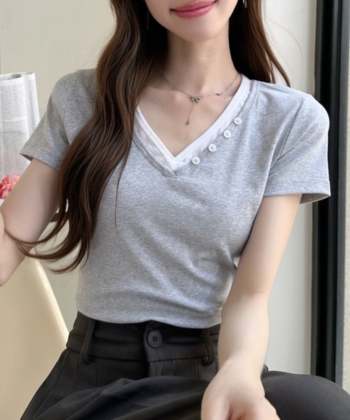 Ada.(エイダ)の「ボタンデザイン バイカラー レイヤード 半袖 カットソー(Tシャツ/カットソー・レディース・ホワイト/ネイビー/イエロー/グレー・FREE)」の10枚目の写真