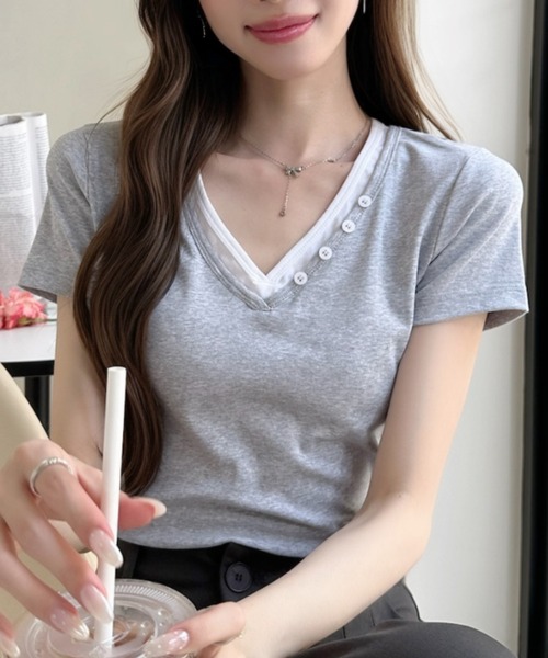 Ada.(エイダ)の「ボタンデザイン バイカラー レイヤード 半袖 カットソー(Tシャツ/カットソー・レディース・ホワイト/ネイビー/イエロー/グレー・FREE)」の14枚目の写真