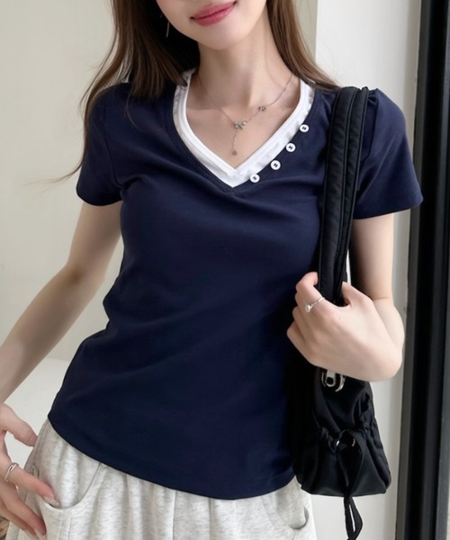 Ada.(エイダ)の「ボタンデザイン バイカラー レイヤード 半袖 カットソー(Tシャツ/カットソー・レディース・ホワイト/ネイビー/イエロー/グレー・FREE)」の17枚目の写真