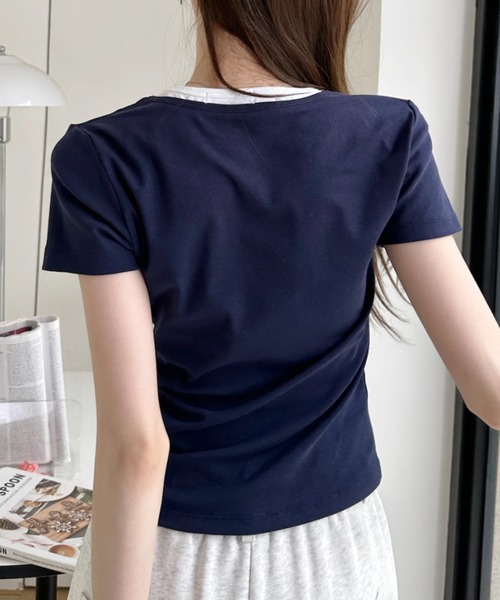 Ada.(エイダ)の「ボタンデザイン バイカラー レイヤード 半袖 カットソー(Tシャツ/カットソー・レディース・ホワイト/ネイビー/イエロー/グレー・FREE)」の19枚目の写真