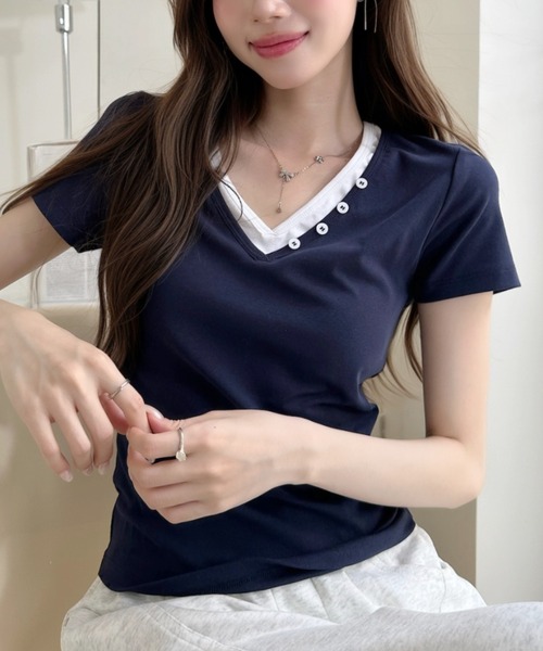 Ada.(エイダ)の「ボタンデザイン バイカラー レイヤード 半袖 カットソー(Tシャツ/カットソー・レディース・ホワイト/ネイビー/イエロー/グレー・FREE)」の16枚目の写真