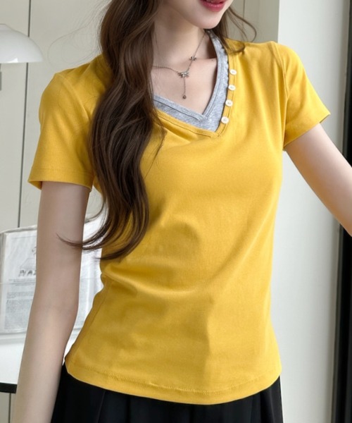 Ada.(エイダ)の「ボタンデザイン バイカラー レイヤード 半袖 カットソー(Tシャツ/カットソー・レディース・ホワイト/ネイビー/イエロー/グレー・FREE)」の22枚目の写真