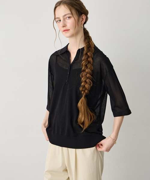 LE SOUK HOLIDAY(ルスークホリデー)の「【旬のスタイリングが叶う】半袖シアーポロニット(ニット/セーター・レディース・ブラック/ネイビー・M/L)」の1枚目の写真