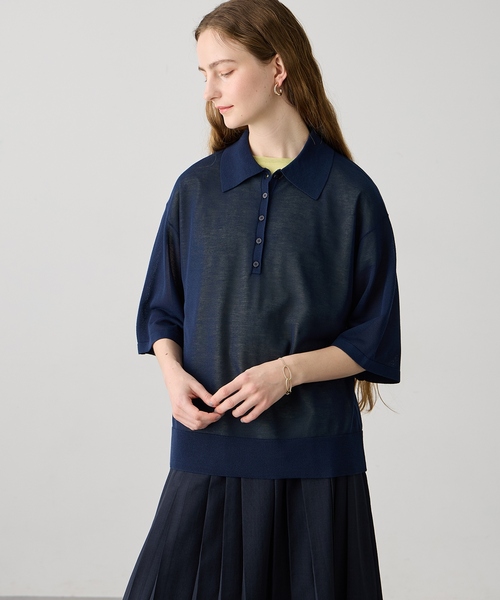 LE SOUK HOLIDAY(ルスークホリデー)の「【旬のスタイリングが叶う】半袖シアーポロニット(ニット/セーター・レディース・ブラック/ネイビー・M/L)」の3枚目の写真