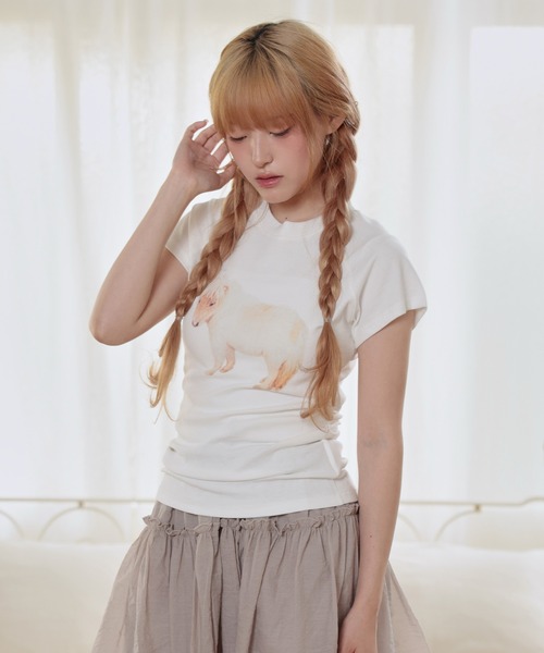 LiLIN(リリン)の「クルーネック アニマル プリント 半袖 Tシャツ トップス(Tシャツ/カットソー・レディース・ブラウン/ホワイト/グレイッシュベージュ・FREE)」の19枚目の写真