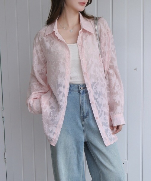 Beststore(ベストストア)の「フラワーカットジャガード シアーオーバーシャツ 冷房対策 紫外線対策(シャツ/ブラウス・レディース・ブラック/ライトグレー/ピンク/アイボリー/ブルー・FREE)」の13枚目の写真