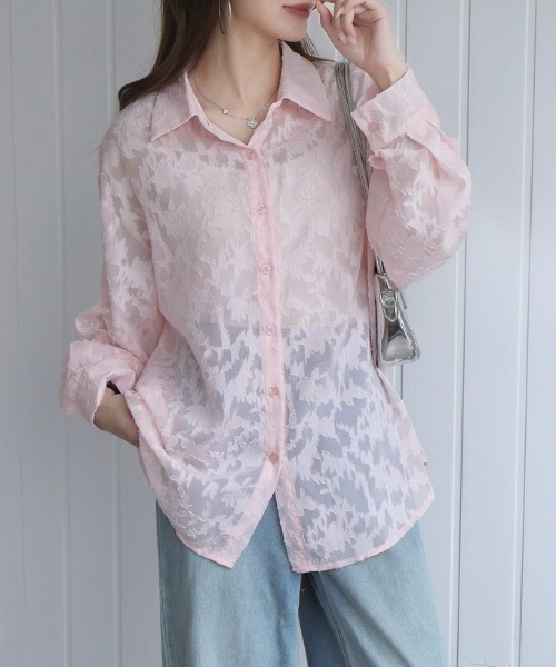 Beststore(ベストストア)の「フラワーカットジャガード シアーオーバーシャツ 冷房対策 紫外線対策(シャツ/ブラウス・レディース・ブラック/ライトグレー/ピンク/アイボリー/ブルー・FREE)」の12枚目の写真