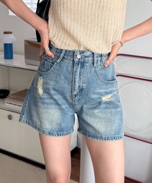 ダメージ ロールアップ アソートウォッシュ加工デニムショートパンツ