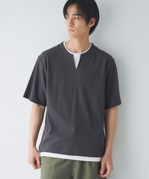 キーネックフェイクレイヤード半袖Tシャツ