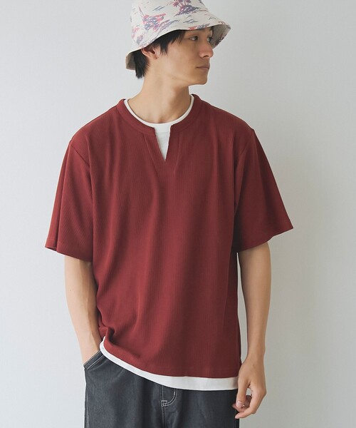 coen（コーエン）の「キーネックフェイクレイヤード半袖Tシャツ（Tシャツ/カットソー・メンズ・ダークグレー/ワインレッド/ネイビー・S/M/L/XL）」の3枚目の写真