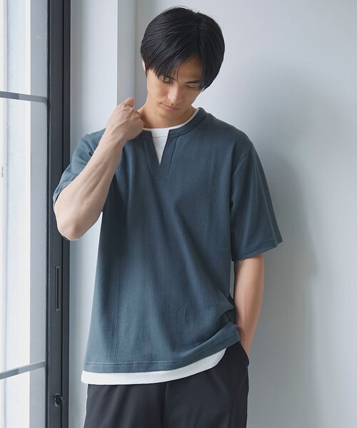 coen（コーエン）の「キーネックフェイクレイヤード半袖Tシャツ（Tシャツ/カットソー・メンズ・ダークグレー/ワインレッド/ネイビー・S/M/L/XL）」の11枚目の写真