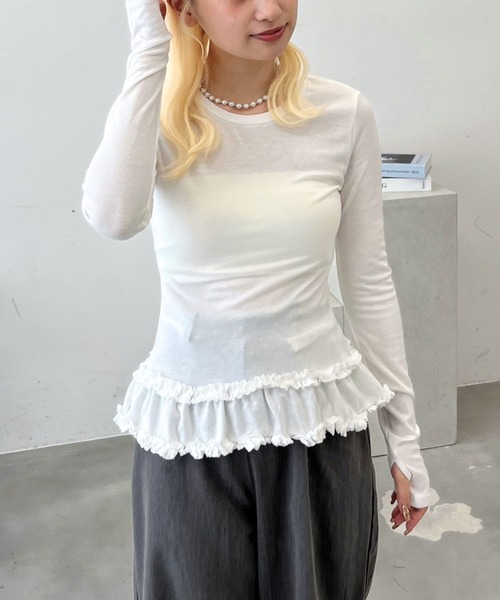 mul.(ムル)の「シアーフレアカットソー(Tシャツ/カットソー・レディース・ホワイト/ピンク・FREE)」の1枚目の写真