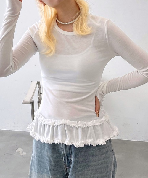 mul.(ムル)の「シアーフレアカットソー(Tシャツ/カットソー・レディース・ホワイト/ピンク・FREE)」の8枚目の写真