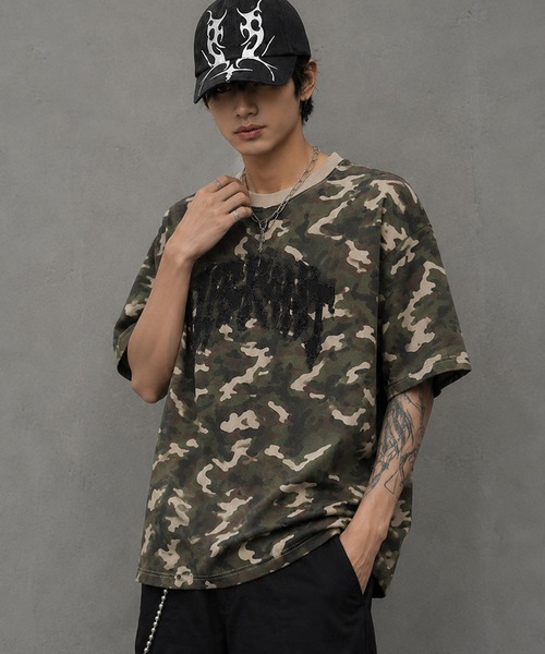 SILVER BULLET(シルバーバレット)の「『SILVER BULLET SELECT AP/シルバーバレットセレクト』フリンジデニムパッチ半袖Tシャツ(Tシャツ/カットソー・メンズ・ブラック系/ピンク/ウッドランド・L/M)」の21枚目の写真