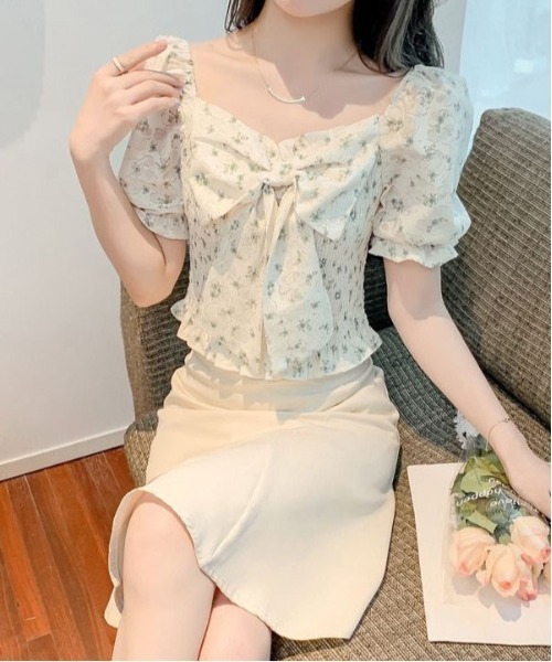 SRMOM花柄パフスリーブ半袖トップス フロントリボン花柄パフスリーブ半袖ブラウス（シャツ/ブラウス