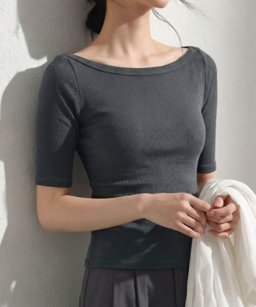 ONEP STAR（ワンピスター）の「ボートネック5分袖リブカットソー（Tシャツ/カットソー・レディース・ダークグレー/ブルー/ブラック/ホワイト・X-LARGE/LARGE/MEDIUM）」の3枚目の写真