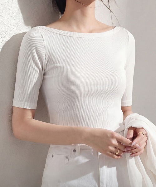 ONEP STAR（ワンピスター）の「ボートネック5分袖リブカットソー（Tシャツ/カットソー・レディース・ダークグレー/ブルー/ブラック/ホワイト・X-LARGE/LARGE/MEDIUM）」の7枚目の写真