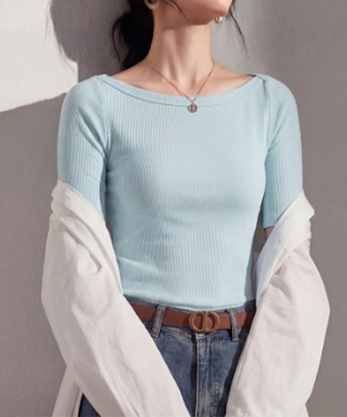 ONEP STAR（ワンピスター）の「ボートネック5分袖リブカットソー（Tシャツ/カットソー・レディース・ダークグレー/ブルー/ブラック/ホワイト・X-LARGE/LARGE/MEDIUM）」の11枚目の写真