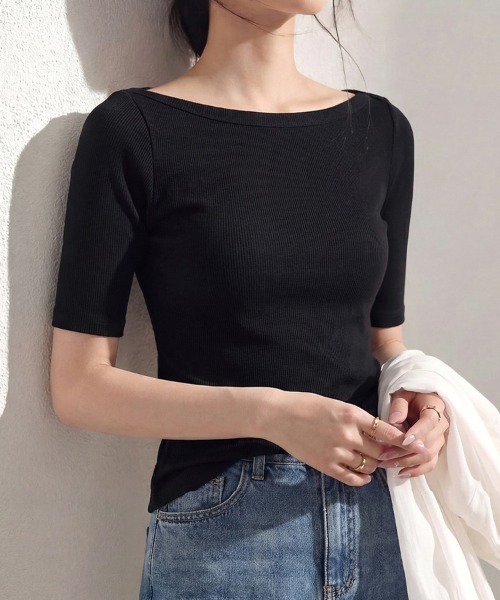 ONEP STAR（ワンピスター）の「ボートネック5分袖リブカットソー（Tシャツ/カットソー・レディース・ダークグレー/ブルー/ブラック/ホワイト・X-LARGE/LARGE/MEDIUM）」の19枚目の写真