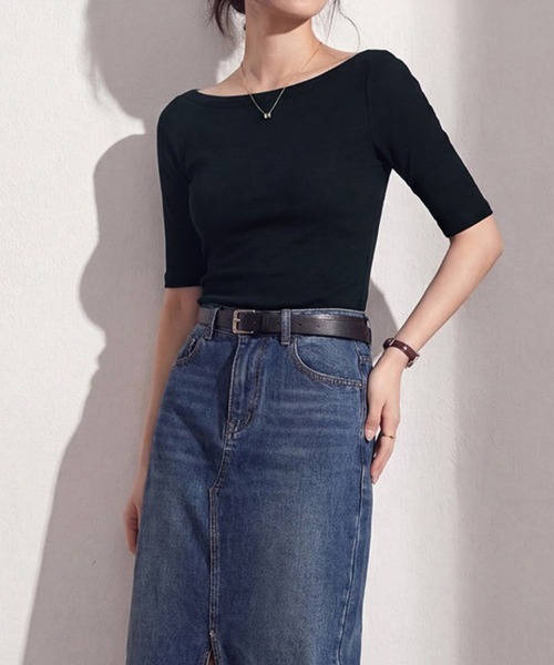 ONEP STAR（ワンピスター）の「ボートネック5分袖リブカットソー（Tシャツ/カットソー・レディース・ダークグレー/ブルー/ブラック/ホワイト・X-LARGE/LARGE/MEDIUM）」の21枚目の写真