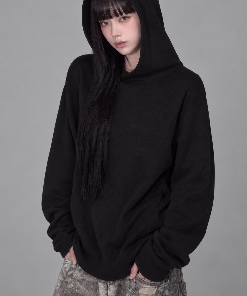 Openyard(オープンヤード)の「『Openyard/オープンヤード』FLATLOCK WAFFLE HOODIE LONG SLEEVE TOP/フード付きフラットロックワッフル長袖Tシャツ(Tシャツ/カットソー・メンズ・ブラック/グレー・M/L)」の2枚目の写真