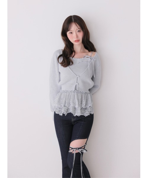 M me eme（エムミーエメ）の「Lace frill peplum knit three piece tops(eme10634)（ニット/セーター・レディース・ピンク/アイボリー/ブルー・FREE）」の3枚目の写真