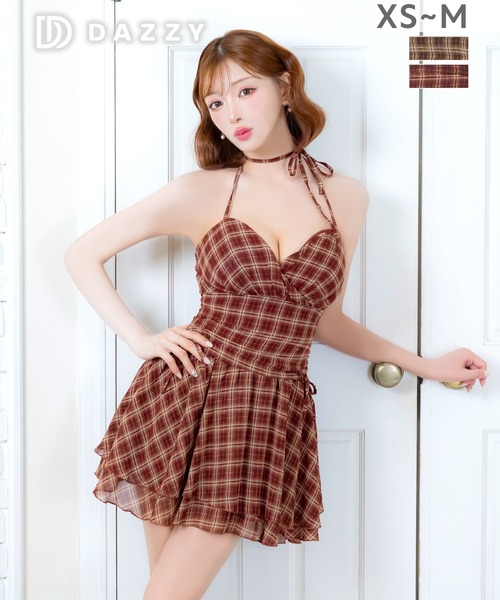 DAZZY(デイジー)の「ブラウンチェックホルターリボンフレアAラインミニ丈キャバドレス(ドレス・レディース・レッド/ブラウン・XS/M/S)」の2枚目の写真