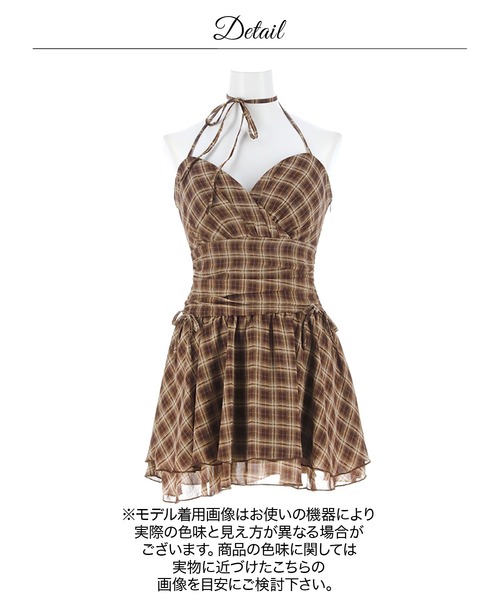 DAZZY(デイジー)の「ブラウンチェックホルターリボンフレアAラインミニ丈キャバドレス(ドレス・レディース・レッド/ブラウン・XS/M/S)」の14枚目の写真
