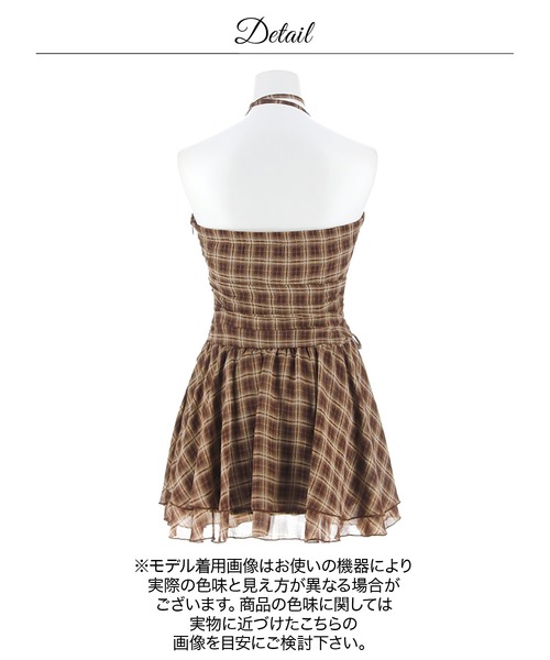 DAZZY(デイジー)の「ブラウンチェックホルターリボンフレアAラインミニ丈キャバドレス(ドレス・レディース・レッド/ブラウン・XS/M/S)」の15枚目の写真