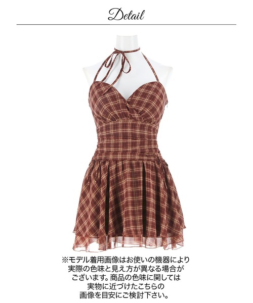 DAZZY(デイジー)の「ブラウンチェックホルターリボンフレアAラインミニ丈キャバドレス(ドレス・レディース・レッド/ブラウン・XS/M/S)」の16枚目の写真