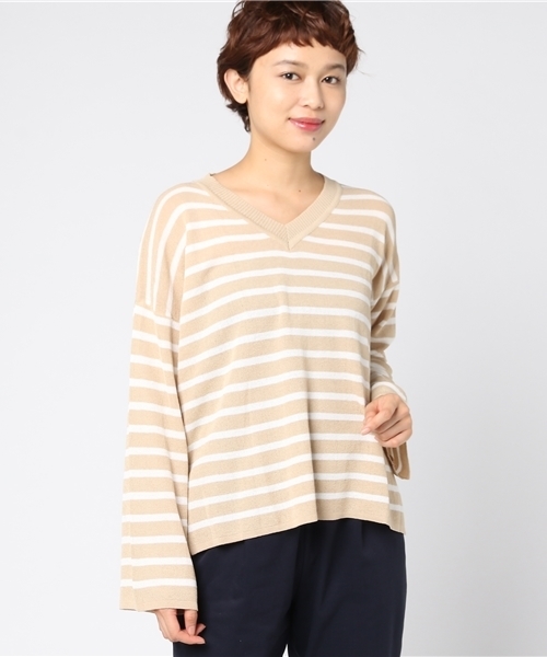 panasea（パナシア）の「定番Vネックボーダーニットプルオーバー（ニット/セーター・レディース・ブラック/ベージュ/レッド/イエロー/ブルー・FREE）」の2枚目の写真