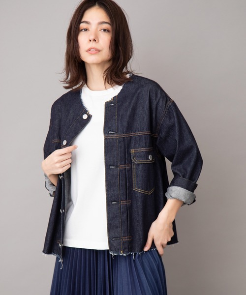 Munich（ミューニック）の「ワンウォッシュデニムノーカラーブルゾン（デニムジャケット・レディース・インディゴブルー・S/XS）」の19枚目の写真