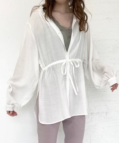 archives（アルシーヴ）の「シアーモックネックブラウス（シャツ/ブラウス・レディース・オフホワイト/ブルー/ミント/ピンク系その他・MEDIUM）」の2枚目の写真