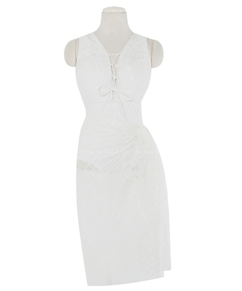 BALIBIKI（バリビキ）の「レディース水着 レースアップリボンオールインワンスイムウェア+パレオ 2点セット（水着・レディース・ホワイト/ブラック・ONE SIZE）」の10枚目の写真