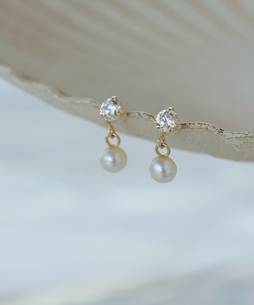 パール×ジルコニアピアス[K10]（ピアス（両耳用））｜ANEMONE