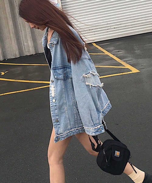 meJane(ミージェーン)の「コットンデニム ダメージ加工Gジャン(デニムジャケット・レディース・ブルー・FREE)」の4枚目の写真