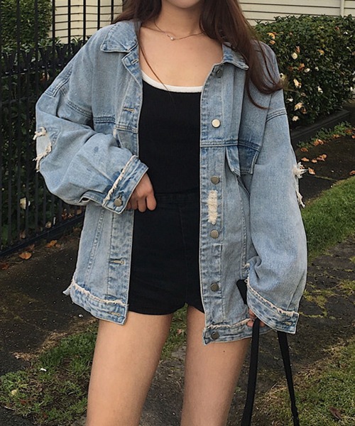 meJane(ミージェーン)の「コットンデニム ダメージ加工Gジャン(デニムジャケット・レディース・ブルー・FREE)」の6枚目の写真