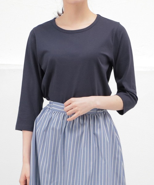 Honeys（ハニーズ）の「７分袖オーガニックＴ（Tシャツ/カットソー・レディース・杢グレー/パープル/ライトグリーン/ネイビー/スミクロ/ブラック/サックスブルー/オフホワイト・L/S/LL/M）」の7枚目の写真